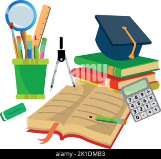 Stifthalter Bücher Schule Schreibwaren-Set Stock Vektor