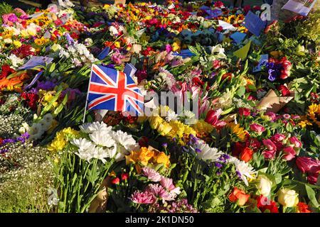 London, Großbritannien. 17. September 2022. Im Hyde Park, London, wurden Blumen für Queen Elizabeth II als Überlauf für den Green Park gestutzt. Da die Anzahl der Besucher die Erwartungen beim Anblick und Platzieren von Blumenschmuck übertraf, musste Green Park am Samstag mehrmals schließen, was viele Besucher enttäuschte, sodass im Hyde Park ein neuer Bereich begonnen wurde, der viel zugänglicher und weniger überfüllt war. Kredit: Paul Brown/Alamy Live Nachrichten Stockfoto