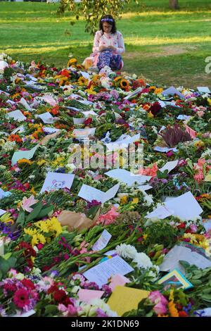 London, Großbritannien. 17. September 2022. Im Hyde Park, London, wurden Blumen für Queen Elizabeth II als Überlauf für den Green Park gestutzt. Da die Anzahl der Besucher die Erwartungen beim Anblick und Platzieren von Blumenschmuck übertraf, musste Green Park am Samstag mehrmals schließen, was viele Besucher enttäuschte, sodass im Hyde Park ein neuer Bereich begonnen wurde, der viel zugänglicher und weniger überfüllt war. Kredit: Paul Brown/Alamy Live Nachrichten Stockfoto