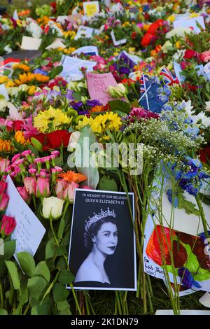London, Großbritannien. 17. September 2022. Im Hyde Park, London, wurden Blumen für Queen Elizabeth II als Überlauf für den Green Park gestutzt. Da die Anzahl der Besucher die Erwartungen beim Anblick und Platzieren von Blumenschmuck übertraf, musste Green Park am Samstag mehrmals schließen, was viele Besucher enttäuschte, sodass im Hyde Park ein neuer Bereich begonnen wurde, der viel zugänglicher und weniger überfüllt war. Kredit: Paul Brown/Alamy Live Nachrichten Stockfoto