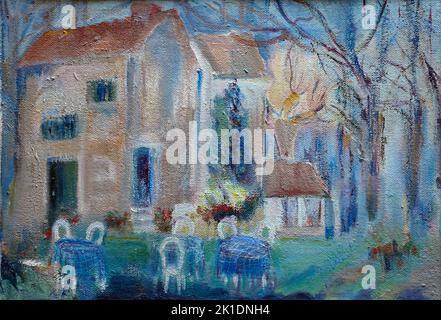 AJAXNETPHOTO. 1985. PRIVETT, ENGLAND. - T.G. EASTLAND ART - DAS ALTE CAFÉ, FRANKREICH, GEMALT VON T. G. EASTLAND; ACRYL AUF LEINWAND. 20TH JAHRHUNDERT IMPRESSIONISMUS STIL ARBEIT DATIERT UM 1985. GEMÄLDE OHNE UNTERSCHRIFT. TITEL VERSO. FOTO:© IN DIESER DIGITALEN KOPIE DES ORIGINALWERKS/AJAX NEWS & FEATURE SERVICE. © IN ORIGINALARBEIT; T. G. EASTLAND. QUELLE: PRIVATE SAMMLUNG. REF:GX8 191003 26 Stockfoto