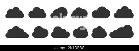 Wolken schwarz flache Icon-Set isoliert auf weiß. Verschiedene Form Wolke abstrakten Web-Banner-Vorlage. Digitales Internet Netzwerk Datentechnologie Geschäftskonzept Zeichen. Umreißen Cartoon Sprechblase Symbol Stock Vektor