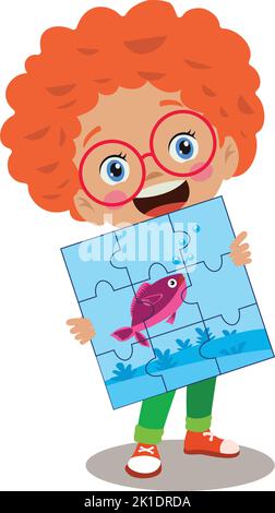 Niedlicher Junge mit lockigen Haaren dabei Puzzle Stock Vektor