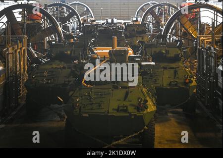 GDYNIA, Polen. 17. September 2022. Militärfahrzeuge und Ausrüstung an Bord der USS Kearsarge (LHD-3), die im Hafen von Gdynia festgemacht wurde, und im Hafen von Gdynia. USS Kearsage, ein Landungsschiff der US Navy Wasp, besucht den Hafen von Gdynia, um das Engagement der US Navy und des US Marine Corps für die Ostsee zu unterstreichen und die Beziehungen zwischen den USA und Polen, einem wichtigen NATO-Verbündeten, zu stärken. Kredit: ASWphoto/Alamy Live Nachrichten Stockfoto