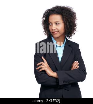 Ich bin mir darüber nicht so sicher...Studioaufnahme einer gut gekleideten Geschäftsfrau, die unsicher über etwas ist. Stockfoto