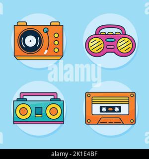 Vier Lifestyle-Set-Ikonen der Neunziger Stock Vektor