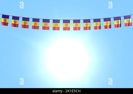 Schöne Feier Flagge 3D Illustration - viele Andorra Fahnen oder Banner hängen an Schnur auf blauem Himmel Hintergrund Stockfoto