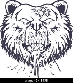 Unheimlich wütend Bärenkopf monochrome Vektor-Illustrationen für Ihre Arbeit Logo, Merchandise-T-Shirt, Aufkleber und Label-Designs, Poster, Grußkarten Stock Vektor