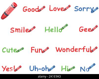 Satz von Wörtern, die mit bunten Kreiden auf Weißem Hintergrund isoliert geschrieben wurden. Vektorgrafik. Stock Vektor