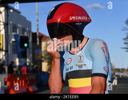 Wollongong, Australien. 18. September 2022. Der Belgier Remco Evenepoel im Ziel des Einzelzeitfahrens der Herren bei den UCI Road World Championships Cycling 2022 in Wollongong, Australien, Sonntag, 18. September 2022. Die Worlds finden vom 18. Bis 25. September statt. BELGA FOTO DIRK WAEM Quelle: Belga Nachrichtenagentur/Alamy Live News Stockfoto