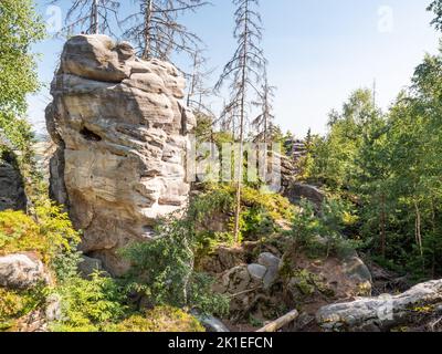 Ostas Sandsteinfelsen in der Nähe des Tafelbergs Ostas. Das nationale Naturschutzgebiet Adrspach-Teplice Rocks, Tschechische republik, Europa. Stockfoto