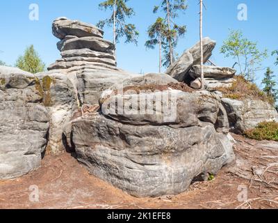 Rock Stadt Ostas, Naturschutzgebiet. Felsenlabyrinth und Tafelberg, Region Broumov, Tschechische republik. Felsen und bizarre Sandsteinformationen. Stockfoto