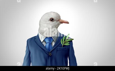 Diplomatie und Friedensprozess Symbol als Taube in einem Geschäftsanzug, der einen Diplomaten oder Verhandlungsführer für einen Vertrag oder eine Konfliktlösung mit darstellt. Stockfoto