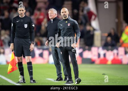 Middlesbrough, Großbritannien. 17. September 2022. Paul Warne Manager von Rotherham United während des Sky Bet Championship Spiels Middlesbrough gegen Rotherham United im Riverside Stadium, Middlesbrough, Großbritannien, 17.. September 2022 (Foto von James Heaton/Nachrichtenbilder) in Middlesbrough, Großbritannien am 9/17/2022. (Foto von James Heaton/News Images/Sipa USA) Quelle: SIPA USA/Alamy Live News Stockfoto