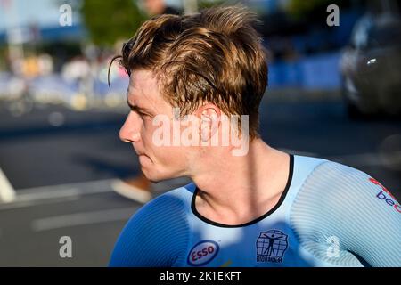 Wollongong, Australien. 18. September 2022. Der Belgier Remco Evenepoel im Bild nach dem Einzelzeitfahren der Herren bei den UCI Road World Championships Cycling 2022 in Wollongong, Australien, Sonntag, 18. September 2022. Die Worlds finden vom 18. Bis 25. September statt. BELGA FOTO DIRK WAEM Quelle: Belga Nachrichtenagentur/Alamy Live News Stockfoto