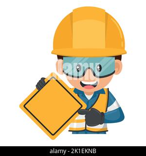 Industriearbeiter mit einem Warnschild mit Platz für Text. Arbeitsschutz und Arbeitsschutz am Arbeitsplatz Stock Vektor