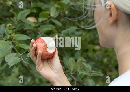 Mädchen hält einen gebissenen Apfel in der Hand. Hochwertige Fotos Stockfoto