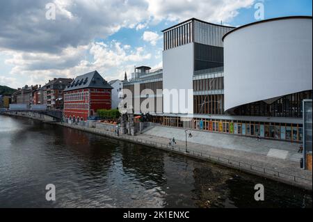 Namur, Wallon Region, Belgium, 07 28 2022 - Blick über den Hafen und die Stadtgebäude Stockfoto