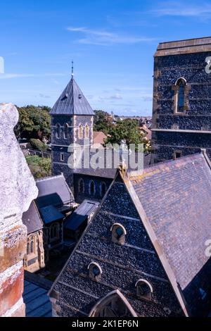 Blick auf die St. Augustine's Church von The Grange, Augustus Pugins neugotisches Familienhaus in Ramsgate Kent. Stockfoto