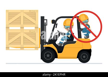 Der Transport von Personen mit dem Gabelstapler ist verboten. Gabelstapler, der eine Packpalette aus Holzkisten transportiert. Arbeitsunfall in einem Lager. Sicherheits-Fi Stock Vektor