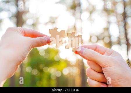 Hände verbinden zwei Puzzleteile mit Sonnenstrahlen, die vor Waldgrund durchscheinen. Konzept der Teamarbeit und Geschäftskooperation. Stockfoto