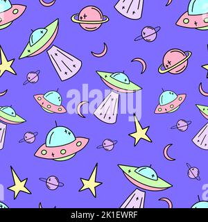 Vektor UFO Kindermuster Vektor. Galaxy Illustration im Cartoon-Stil. Nahtlose Weltraum ufo-Rakete Wissenschaft Kinder Hintergrund Stock Vektor