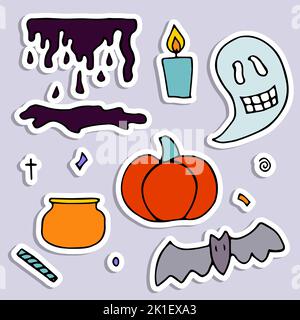 Doodle Halloween Aufkleber Set. Handgezeichneter Herbstkürbis, Geist, Kreuz, Schleim, Kerze auf violettem Hintergrund. Niedliches gruseliges Horror-Banner für Herbstferien, Stock Vektor