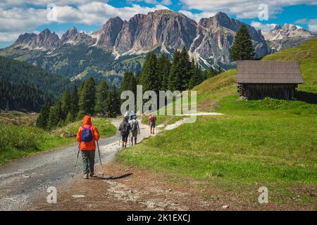 Wanderer mit Rucksäcken gehen auf den spektakulären Bergweg, in der Nähe von Corvara, Gröden, Dolomiten, Italien, Europa Stockfoto