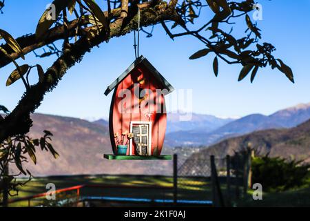 Vogelhaus hängt an einem Ast Stockfoto