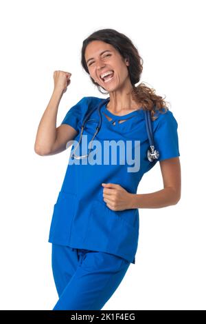 Junge weibliche medizinische Krankenschwester Gesundheitsarbeiter hält Fäuste isoliert auf weißem Hintergrund Studio-Porträt Stockfoto
