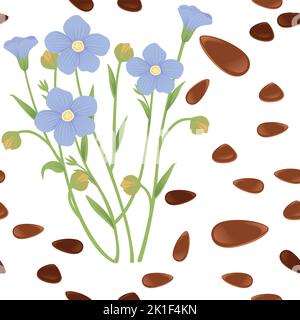 Nahtlose Muster Flachs Landwirtschaft Pflanze mit blütenblauen Blüten und grünen Stamm Getreide Vektor-Illustration auf weißem Hintergrund Stock Vektor