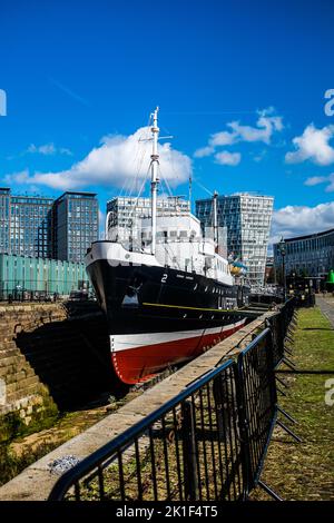 MV Edmund Gardner befindet sich als Museumsstück in Liverpool, England, in einem permanenten Trockendock. Stockfoto