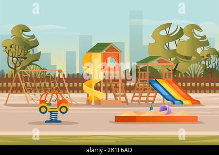 Kinder Spielplatz im öffentlichen Park mit Bäumen und Stadt im Hintergrund Landschaft Vektor-Illustration Stock Vektor