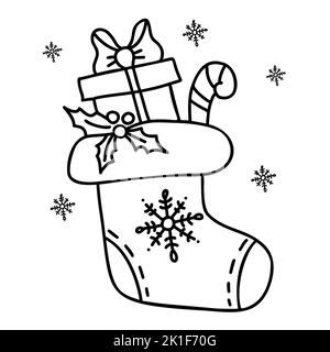 Weihnachtssocke mit Geschenken und Karamellstab. Vektor-Handzeichnung im Doodle-Stil. Für Urlaubsdekor, Design, Dekoration und Druck. Stock Vektor