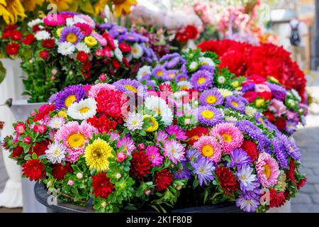 Ein Strauß frischer, mehrfarbiger Chrysanthemen begeistert das Auge mit ihrem hellen Blick auf die Stadtstraße in Unschärfe. Selektiver Fokus, Nahaufnahme. Stockfoto