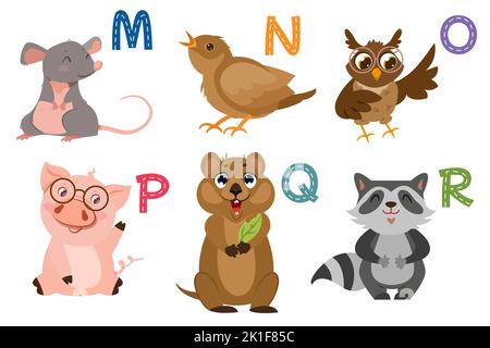 Englisches Alphabet mit flachen niedlichen Tieren für Kinder Bildung. Briefe mit lustigen Tier- und Vogelfiguren von M bis R. Kinder-Design-Set zum Erlernen des Zaubers mit Cartoon Zoo Sammlung. Stock Vektor