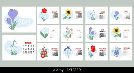 Blumenkalender 2023. Blumen Schneeglöckchen, Maiglöckchen, Mohn, Sonnenblumen, Iris, Krokusse und Malben. Horizontale Vorlage 12 Seiten und Einband in Stock Vektor