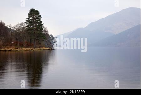 An einem späten Märzabend beginnt sanfter Regen auf die spiegelnde Stillfläche von Loch Eck zu fallen. Argyll und Bute Stockfoto