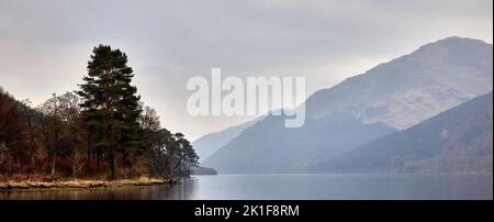 An einem späten Märzabend beginnt sanfter Regen auf die spiegelnde Stillfläche von Loch Eck zu fallen. Argyll und Bute Stockfoto