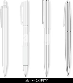 Set mit vier realistischen Schreibstiften. Grau und weiß, Kugelpfannen aus Kunststoff und Metall. Detailliertes grafisches Design-Element. Bürobedarf, Schulbedarf. Stock Vektor