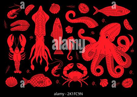 Satz von Meeresfrüchten Skizze. Marine Delikatesse Banner. Unterwassertiere handgezeichnete Illustration. Fische, Hummer, Tintenfisch, Krake, Garnelen, Krabbe. Stock Vektor