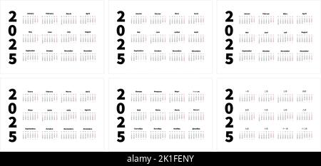 Satz von 2025-Jahres-einfachen horizontalen A4-Kalender in englisch, spanisch, russisch, französisch, chinesisch und deutsch, typografische Kalender isoliert Stock Vektor