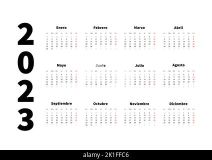 2023 Jahre einfacher horizontaler Kalender in spanischer Sprache, typografischer Kalender isoliert auf Weiß Stock Vektor