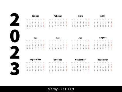 2023 Jahre einfacher horizontaler Kalender in deutscher Sprache, typografischer Kalender isoliert auf Weiß Stock Vektor