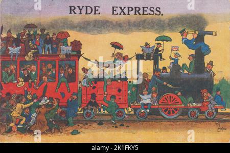 'Ryde Express', Isle of Wight: Karikatur von Reg Carter, zeigt einen älteren Dampfzug mit vollgepackten Eisenbahnwaggons. Die Passagiere sitzen auf dem Motor, auf dem Wagendach und kämpfen um den Aufstieg. Die Postkarte wurde 1928 verschickt Stockfoto