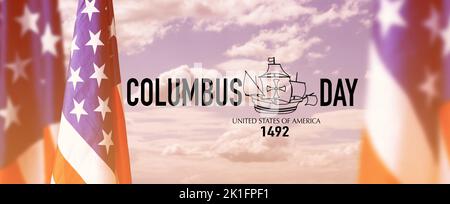 Happy Columbus Day Text und US-amerikanische Flagge. Stockfoto