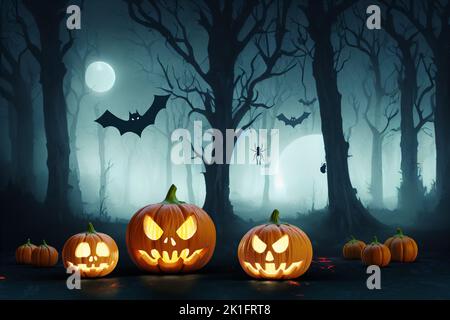 Gruselige Kürbis Jack o Laternen in einer dunklen Nacht mit Vollmond. Halloween Hintergrund. Gruseliger mystischer Wald. Stockfoto
