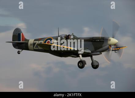 Supermarine Spitfire Mk.IXB MH434 (G-ASJV) landete in der Abenddämmerung, nachdem es auf der IWM Duxford Battle of Britain Airshow am 10.. September 2022 gezeigt wurde Stockfoto