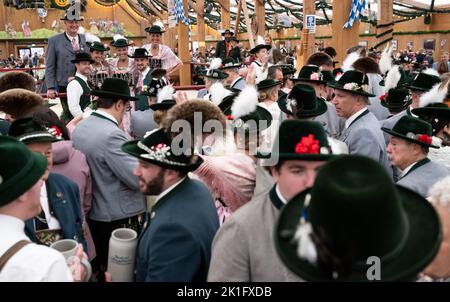 München, Deutschland. 18. September 2022. Traditionelle Trachtengruppen feiern im Festzelt nach der Tracht- und Schießprozession auf dem Oktoberfest. Quelle: Sven Hoppe/dpa/Alamy Live News Stockfoto