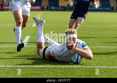 Richard Capstick von Exeter Chiefs versucht es beim Gallagher Premiership-Spiel Worcester Warriors gegen Exeter Chiefs im Sixways Stadium, Worcester, Großbritannien, 18.. September 2022 (Foto von Nick Browning/News Images) Stockfoto